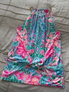 Lilly Pulitzer Pink, Green & Blue Floral Halter with Gold Chain Straps